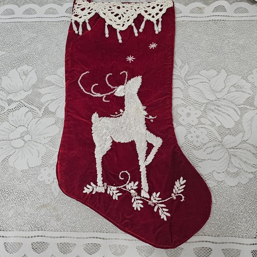 Red Velvet Christmas Stocking 18" handsewn ribbon reindeer lace beaded 2003 vtg - Picture 8 of 8